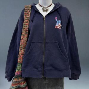 Y2K Fang Glittery Navy NYC Skyline Hoodie Sweatshirt Jacket Statue of Liberty